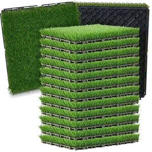 lot 1360 image: Windyun 8 Pack Artificial Grass Turf Interlocking Deck Tiles 12 x 12 Thick Synthetic Square Fake Interlocking Turf Self Draining Grass Tiles for Patio Indoor Outdoor Floor Decorations