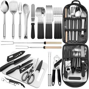 lot 1379 image: Portable Camping Kitchen Utensil Set-27 Piece Cookware Kit, Stainless Steel Outdoor Cooking and Grilling Utensil Organizer Travel Set Perfect for Travel, Picnics, RVs, Camping, BBQs, Parties and More