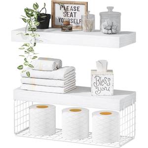 lot 1393 image: QEEIG White Bathroom Shelves Over Toilet - Wall Mounted Floating Shelves Farmhouse Shelf Toilet Paper Storage Small 16 inch Set of 2 (019-W2)