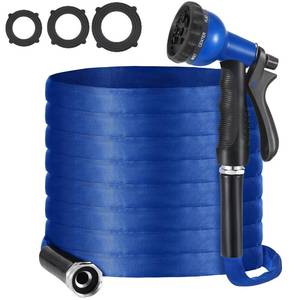 lot 1398 image: Frienda 100 Ft Non Expanding Garden Hose, 58 Flat Garden Hose with 8 Function Hose Nozzle, Flexible, Ultra Lightweight Water Hose for Yard Watering, Car Washing, Boats and Campers (Blue)