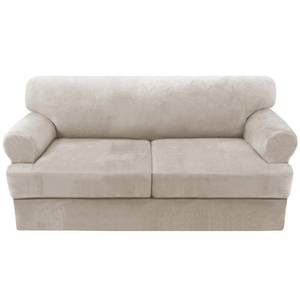 lot 1402 image: H.VERSAILTEX Sofa Cover 3 Piece T Cushion Loveseat Slipcovers Thick Velvet Couch Cover Stretch T Cushion Sofa Covers for 2 Cushion Couch with 2 Individual T Cushion Covers Washable, Oatmeal