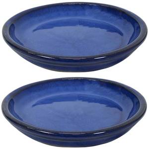 lot 1413 image: Sunnydaze 7-Inch Ceramic Plant Saucers - Plant Drip Trays for Outdoor Planter Flower Pot Drainage - Set of 2 - Imperial Blue