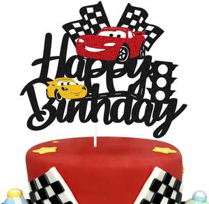 lot 2033 image: Car Cake Topper Race Car Cake Decorations for Racing Car Checkered Flag Themed Kids Boy Girl Happy Birthday Party Supplies Double Sided