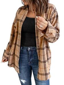 lot 2038 image: Womens Long Sleeve Plaid Shirts Flannel Collared Button Down Shackets Casual Rolled Up Boyfriend Blouses Top Light Khaki