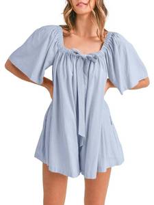 lot 2345 image: Cicy Bell Womens Summer Square Neck Romper Short Sleeve Backless Tie Front Flowy Short Jumpsuit Beach Vacation Outfits L