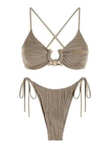 lot 2394 image: ZAFUL Womens Cutout Bikini Criss Cross Textured Metal High Leg Bikini Sets Cheeky Swimswear Two Piece Swimsuit