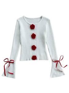 lot 2397 image: MakeMeChic Womens 3D Floral Bell Sleeve Sweater Round Neck Bow Knot Rib Knitted Pullover Top Beige X-Small