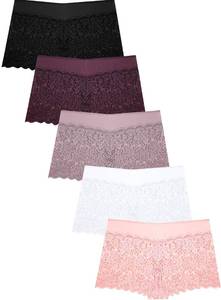 lot 2399 image: ALL OF SHE Lace Boy Shorts Sexy Cheeky Panties Breathable Womens Underwear Stretch Cotton Waistband Underwear Women 5 Pack M
