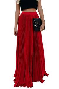 lot 2401 image: ebossy Womens High Waist Flowy Pleated Chiffon Maxi Skirt (Medium, Red)