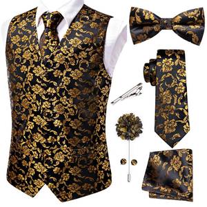 lot 2409 image: Hi-Tie Mens Suit Vest Bowtie Set Ties for Men V Neck Dress Waistcoat Tie Pocket Square Cufflinks Formal Business Wedding,Black Gold,2X-Large