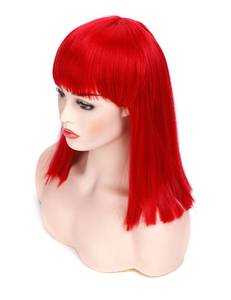 lot 2428 image: morvally Short Straight Bob Wig Heat Resistant Hair with Blunt Bangs Natural Looking Cosplay Costume Wigs (14 inches, Deep Red)