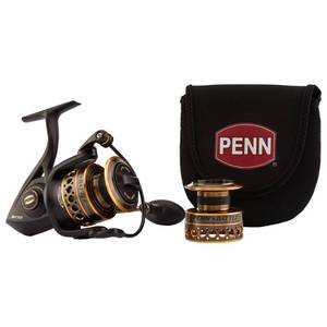 lot 2457 image: PENN Battle Spinning Reel Kit, Size 5000, Includes Reel Cover and Spare Anodized Aluminum Spool, RightLeft Handle Position, HT-100 Front Drag System,Black