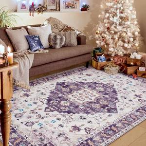 lot 2489 image: Amearea Vintage Design Area Rugs for Living Room, 4x6 Machine Washable Floral Collection Traditional Bedroom Rug, Low Pile Cute Kids Room Print Carpet, No Slip Office Kitchen Home Decor, Purple