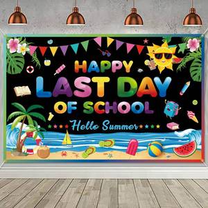 lot 2495 image: PTFNY Happy Last Day of School Backdrop Banner End of School Year Theme Backdrop Photo Booth Props Summer Decorations for Summer End of School Party Summer Vacation Background Decoration