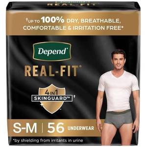lot 3178 image: Depend Real Fit Incontinence Underwear for Men, Disposable, Maximum Absorbency, SmallMedium, Grey, 56 Count (2 Packs of 28), Packaging May Vary
