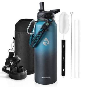 lot 3179 image: RAYMYLO Insulated Water Bottle 40 oz, Triple Wall Vacuum Stainless Steel (Cold for 48 Hrs), Leak Proof & Non-BPA, Modern Water Flask Jug with Paracord Handle & Straw Spout Lids, IndigoBlack
