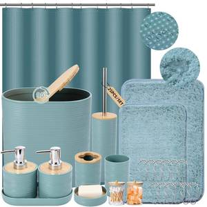 lot 3201 image: XLHOMO Bathroom Set - Light Blue Bathroom Accessories Set, Bathroom Sets with Shower Curtain and Rugs, 25PC Shower Curtain Set with Hooks, Soap Dispenser, Soap Dish, Toilet Brush Holder and Trash Can