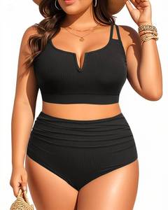 lot 4225 image: Women Plus Size High Waisted Bikini - Ribbed Two Piece Swimsuit Tummy Control Bathing Suit V-Wired 2025 Swimwear Black 18W