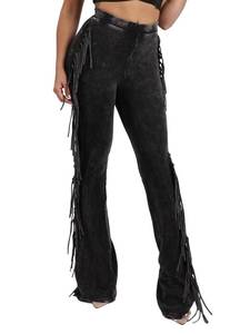lot 4227 image: KANSOON Flared Leggings Women High Waisted Tassels Side Washed Distressed Stretch Slim Fringe Bootcut Workout Pants Black M