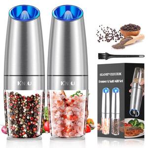 lot 5473 image: Gravity Electric Salt and Pepper Grinder Set, Automatic Mill Grinder,Battery-Operated with Adjustable Coarseness, Premium Stainless Steel with LED Light, One Hand Operated