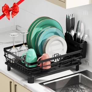 lot 5480 image: MOUKABAL Dish Drying Rack, Dish Rack, Stainless Steel Dish Racks for Kitchen Counter, Dish Drainer with Removable Utensil Holder, Drainboard (Black)