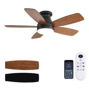 lot 5485 image: JSAITEE Ceiling Fans with Lights, 42 Inch Low Profile Ceiling Fan with Light and RemoteApp Control, Flush Mount, Reversible, 3CCT, Dimmable, Noiseless, Brown Ceiling Fan for IndoorOutdoor Use