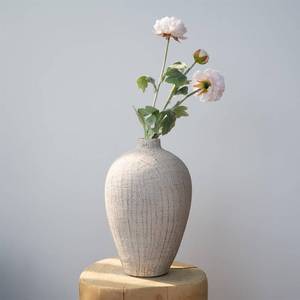 lot 5490 image: Relexome Beige White Ceramic Rustic Farmhouse Vase, 11.4 inch Organic Oval Vintage Textured Clay Decorative Flower Vases, Minimalist Boho Wabi-Sabi Decor for Home Living Room Kitchen Table