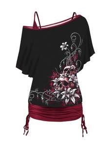 lot 5510 image: DRESSFO Womens Summer Gothic Skull Floral Print Skew Neck T Shirt Casual Batwing Tops Two Pieces Set (Deep Red1X)