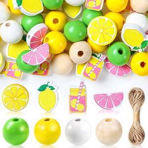 lot 6001 image: 160 Pcs Lemon Wooden Beads Bulk 16 mm Yellow and Green Lemon Shaped Beads Summer Fruit Natural Round Beads Lemonade Spacer Wood Beads with Rope for Making DIY Crafts Farmhouse Home Decor