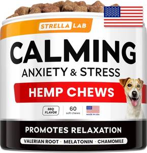 lot 6049 image: STRELLALAB Advanced Calming Chews for Dogs - Hemp Chews  Melatonin - Anxiety Relief - Sleep Aid - Relaxing Treats - Stress Relief During Fireworks, Storms, Thunder, Barking - Made in USA - BBQ - 60Ct