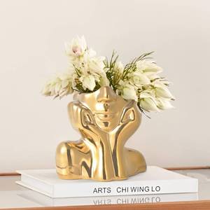 lot 6066 image: Gold Ceramic Human Face Decorative Vase - Shy Posture Modern Art Desktop Display for Bookshelf, Living Room, Office, Bedroom