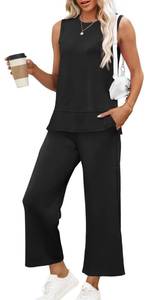 lot 6086 image: XIEERDUO Two Piece Outfits for Women Summer Fashion Travel Lounge Set Sleeveless Tracksuit Wide Leg Loungewear Womens Spring Resort Wear Vacation Clothes Black L