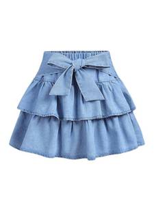 lot 6091 image: MakeMeChic Girls Bow Denim Skirt Ruffle Tiered Elastic Waist A Line Cute Mini Skirts Light Blue 12Y