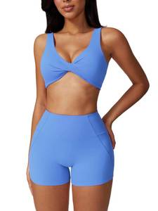 lot 6093 image: ABOCIW Workout Sets for Women, Twist Front Cross Back Sports Bra Tummy Control High Waist Biker Shorts 2 Piece Gym Yoga Outfits Sky Blue X-Small
