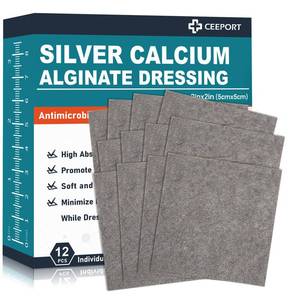 lot 6107 image: Ceeport 2 x 2 Ag Silver Calcium Alginate Wound Dressing Pads, 12 Individual Pack Highly Absorbent Painless Removal Dressing, Soft Silver Dressings for Wound Care, Non-Stick Gauze Pads for Wounds