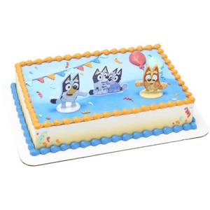 lot 6121 image: DecoSet� Bluey Dance Mode Cake Toppers, 3 Piece Cake Decoration With Bluey And Bingo Figurines and Muffin & Socks Poly Pic, For Birthday, Parties, Celebration