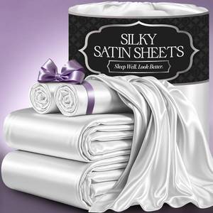 lot 6122 image: DECOLURE Satin Bed Sheets - 4 Piece Luxury Silky King Size Bedding Set - Softer Than Silk, Wrinkle-Free with 15�� Deep Pocket Fitted Sheet, Perfect for Hair & Skin, Gifts for Women (White)