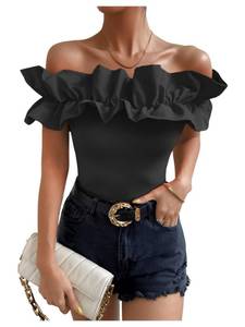 lot 6124 image: OYOANGLE Womens Ruffle Trim Off Shoulder Short Sleeve Blouse Party Tops Shirt Black Solid L