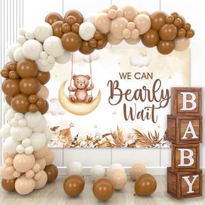 lot 6127 image: DataMoon Teddy Bear Baby Shower Party Decorations - Wood Grain Boxes with Baby Letters, 90PCS Nude and Brown Balloons, Boho Backdrop ��We Can Bearly Wait�� for BabyShower, Gender Reveal,Birthday Party