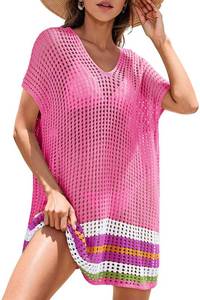 lot 6130 image: Dokotoo Women Swimwear Beach Bikini Swimsuit Cover-ups Resort Wear Crochet Cruise Outfits Striped Side Split Dress,Bright Pink XX-Large