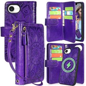 lot 6131 image: Harryshell for iPhone 16E Detachable Magnetic Case Wallet Compatible with Magsafe Wireless Charging,  RFID - Blocking  Card Slots, Cash Zipper Pocket Wrist Strap (Floral Purple)