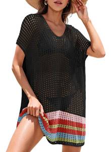 lot 6132 image: Dokotoo Womens Swimwear Women Beach Fashion Sexy Resort Wear Short Sleeve Coverup Cute Cruise Outfits Rainbow Crochet Striped Pool Side Split Mini Dress Beach Outfits Plus Size,Black XX-Large