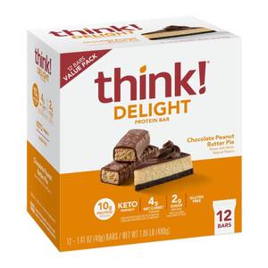 lot 6135 image: think Delight Protein Bars, Chocolate Peanut Butter Pie, Low Sugar & Low Carb Gluten-Free Snack, Keto Friendly Snacks, 12 Count (Packaging May Vary)