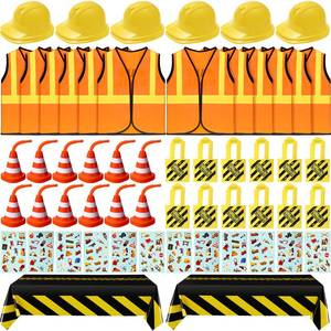 lot 6141 image: Sratte 62 Pcs Construction Birthday Party Supplies Set Kids Construction Dress up Set Including Vest, Hat, Tote Bag, Tablecloth, Traffic Cone Cups and Stickers for Themed Birthday Dress up Party Decor