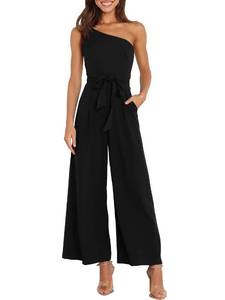 lot 6144 image: ANRABESS Women Summer Dressy Jumpsuits One Shoulder Sleeveless Casual Wide Leg Pants Romper Jumper 2025 Trendy Outfits Black Large