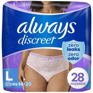 lot 7584 image: Always Discreet Adult Incontinence Underwear for Women and Postpartum Underwear, L, Up to 100% Bladder Leak Protection, 28 Count (Packaging May Vary)