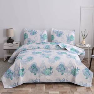 lot 7592 image: Oliven 3 Pcs Blue Green Coastal Quilt Twin Size Lightweight Summer Beach Bedspread Ocean Theme Conch Shell Bedding Soft Seashell Seaweed Starfish Coverlet Set Seaside Home Decor