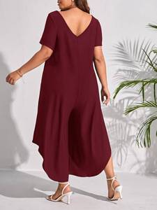 lot 8316 image: WDIRARA Womens Plus Size V Neck Short Sleeve Asymmetrical Wide Leg Jumpsuit Pants Burgundy 3XL