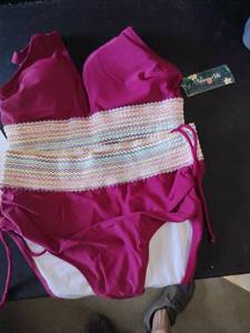 lot 8340 image: Blooming Jelly Medium Catalina Pink Two-Piece Swimsuit with Multicolor Smocked Band