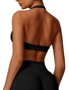 lot 8344 image: Halter Sports Bra for Women Seamless Open Back Womens Halter Sports Bras Padded Low Impact Workout Gym Yoga Bra Running Athletic Crop Tank Tops with Removable Cups Black S